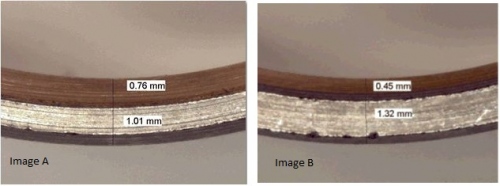 Two images side-by-side, showing variations in the thickness of bimetallic strips.